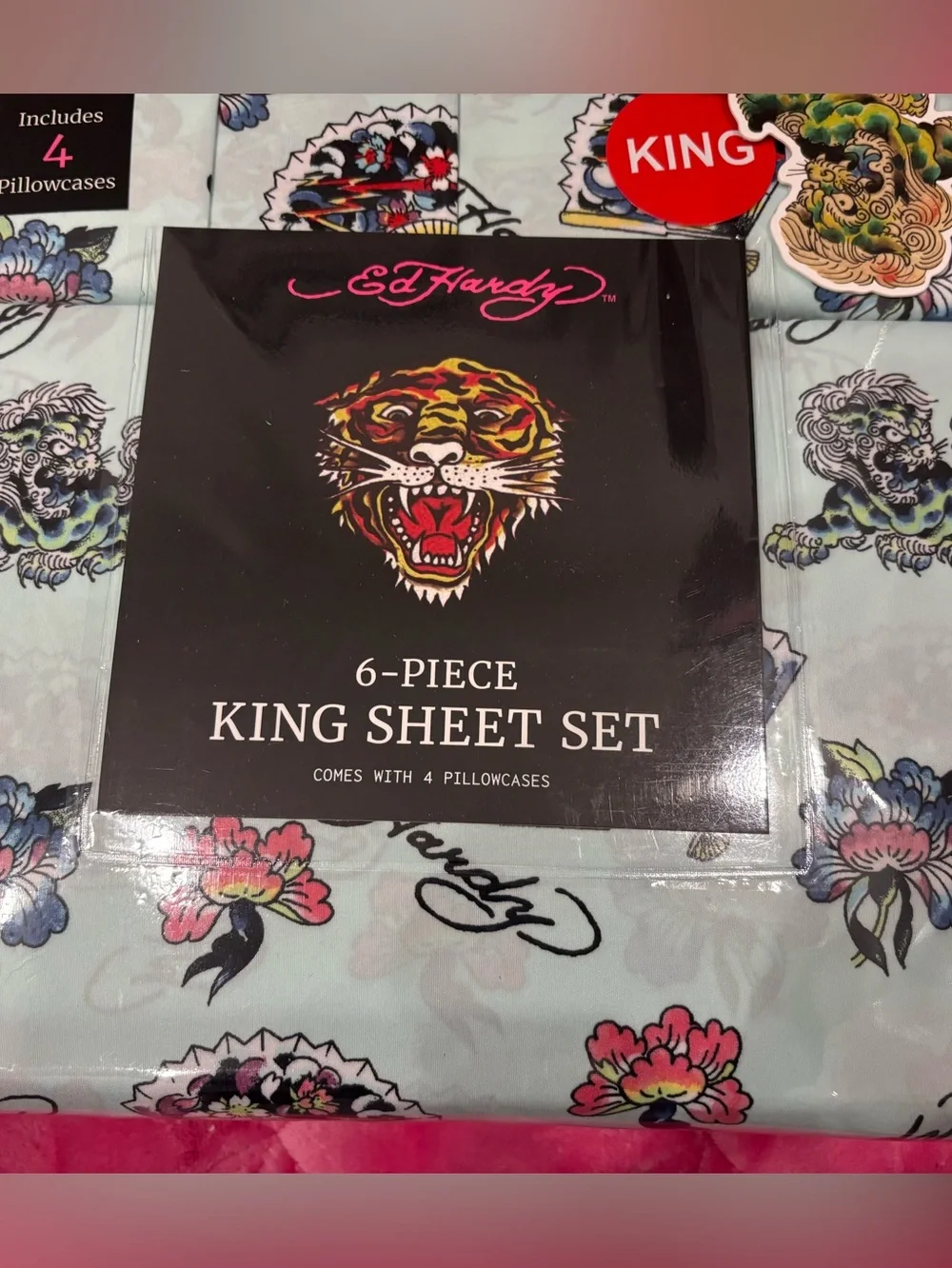 Ed Hardy 6-Piece King Sheet Set - Light Blue Floral & Tiger Print